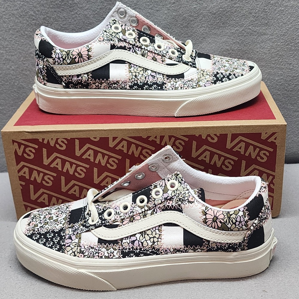 Vans Old Skool Floral Patchwork Checkerboard Sneakers W 5 M 3.5 Black Pink NEW